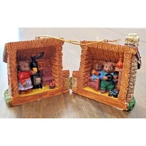 Vintage Christmas Ornament 3 Bears House Cabin Hinged Opens Resin 2.5" Mini HTF